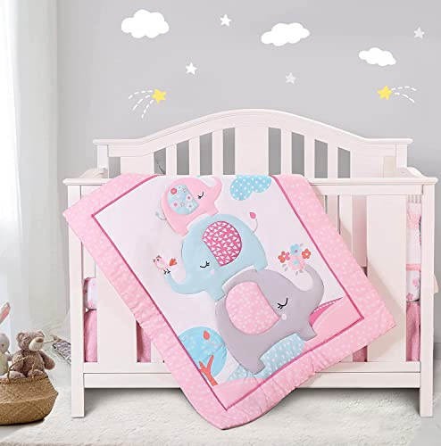YJM Juego de ropa de cama para cuna de elefante, 4 piezas para niñas con edredón, sábana bajera ajustable, falda de cuna, apilador de pañales, bonito juego de cuna para bebé (rosa)