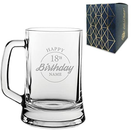 Personalised Engraved Tankard Beer Mug Stein Happy 18th Birthday Circle Design Gift Boxed, 16.75oz/495ml Classic Beer Glass, Any Name, Engraved in The UK