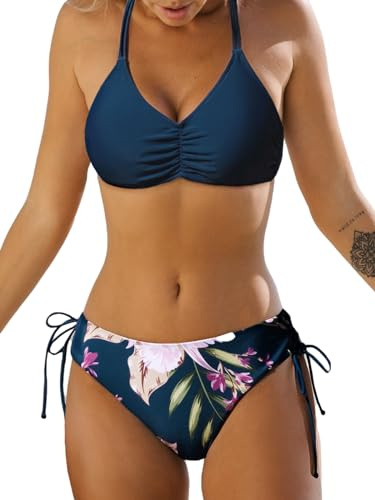 CUPSHE Bikini da donna con spalline intrecciate sulla schiena, a righe, slip double-face, costume da bagno a 2 pezzi, L