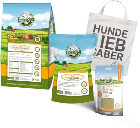 Bellfor Set di Alimentazione per Irish Wolfhound Cibo Secco Senza Cereali con Insetti 4 kg e integratore Alimentare per Il Sistema immunitario 80 g e Spuntino Sano con polmone di Cervo 200 g
