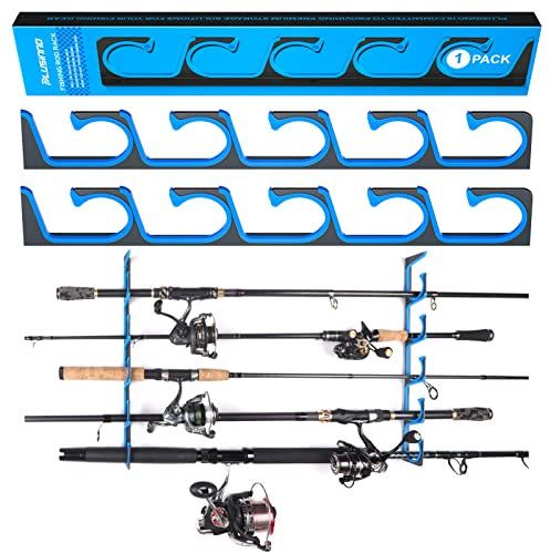 PLUSINNO H5 Horizontal Fishing Rod Holder, Fishing Rod Holder for Garage, Wall or Ceiling Mounting, Fishing Rod Holder, Aviation Aluminum Rod Holder for 5 Rods or Combinations or Nets
