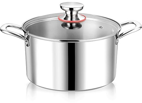 P&P CHEF 4 Quart Tri-Ply Stainless Steel Stock Pot, 4 Qt Stockpot Pasta Cooking Pot with Visible Lid for Soup Vegetable, Induction Cookware for All Stoves, Sturdy & Double Handle, Dishwasher Safe