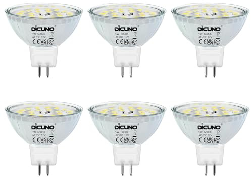 DiCUNO MR16 LED Light Bulbs, GU5.3 Spotlight Bulb Dimmable, 12V DC 5W Equivalent to 50W Halogen, Cool White 6000K, 500LM, 120° Beam Angle Bi-Pin Base Track Light, 6 Packs