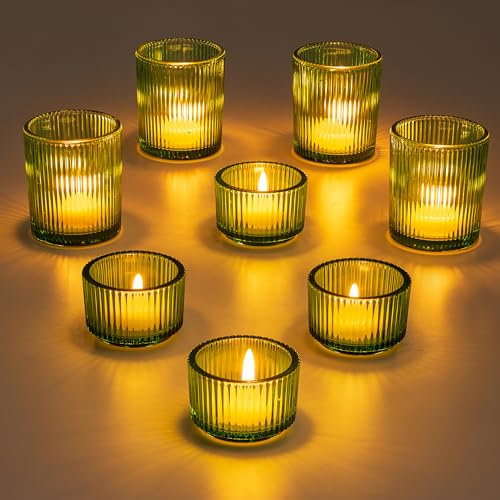 Glasseam Grün Teelichtgläser Klein, 8er Set Kerzenhalter Glas, Vintage Kerzengläser Teelichtglas, Gerippt Teelichthalter Weihnachten für Hochzeit, Teelicht Gläser für Halloween Geburtstag Tischdeko