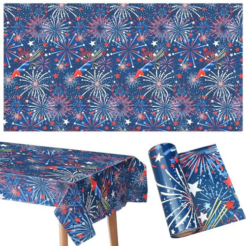 Hosuly 100 ft x 40 Inch Patriotic Tablecloth Roll Disposable 4th of July Firework Rectangle Plastic Table Cloth Americana Red White Blue Tablecloth for 250th Anniversary USA Party Decorations Supplies