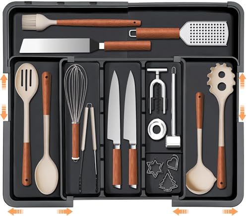 Spaclear Large Utensil Drawer Organizer Expandable Silverware Organizer for Kitchen Drawer Adjustable Cooking Utensil Holder Cutlery Flatware Tray Spatula Tools Gadgets Storage Dividers Plastic Black