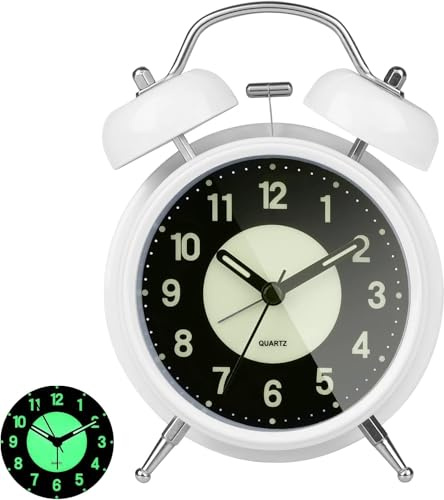 GINZER Traditional Retro Twin Bell Alarm Clock, Non Ticking Silent Bedside Alarm Clock with Backlight, Desk Clock With Nightlight, Loud Alarm for Heavy Sleepers Kids Bedrooms Office, Battery Operated