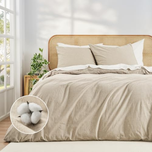Duvetnova Bettwäsche 155x220 Baumwolle Beige Superweiche 100% Vorgewaschene Baumwolle mit Leinenstruktur ÖKO-TEX Bettwäsche 155x220 3 teilig 1 Bettbezug 155x220+2 Kissenbezüge 80x80 mit Reißverschluss