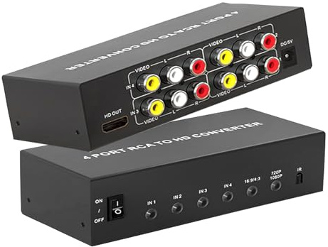 Convertitore da RCA a HDMI 4 AV (rosso, giallo bianco) in adattatore HDMI out, adattatore audio video composito RCA a HDMI1080P/720P, con telecomando e alimentazione, per Wii/TV/PC/PS3/STB/Xbox VHS