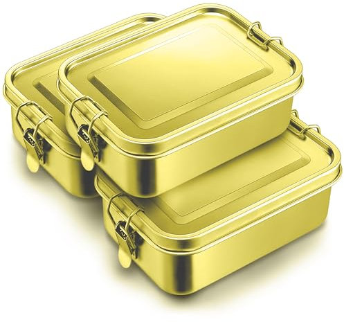 3-Pack 850ml (28.7 oz) Stainless Steel Gold Color Bento Lunch Box Containers with Lids - Waterproof Metal Food Storage - Snack Prep Trays and Tiffin Carriers