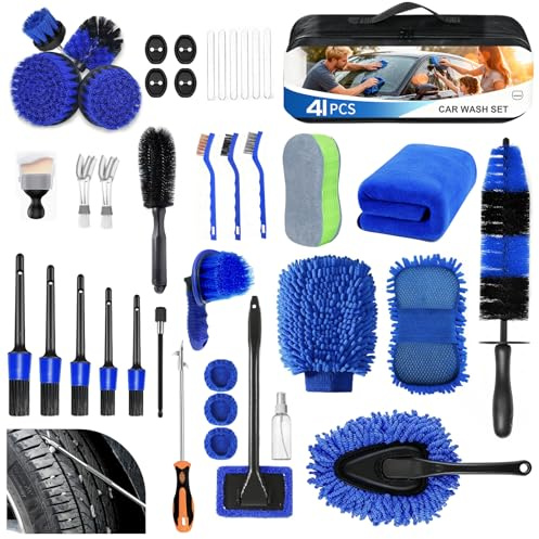 MIAOKE 41 Pièces Professionnel Kit de Nettoyage pour Voiture, Kit de Lavage de Voiture avec Sac à Main, à Usage Humide Sec, Brosse de Forage Durable, Application Roues, Camions, Motos