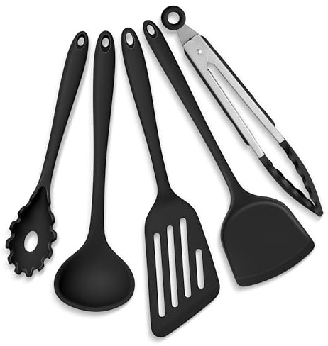 Joyfair Küchenutensilien Set, 5 Stück Schwarz Silikon Küchenhelfer Kochbesteck Set, Hitzebeständiger Küchenset mit Pfannenwender Küchen zum Kochen & Backen, Gesund & Antihaft, Spülmaschinenfest