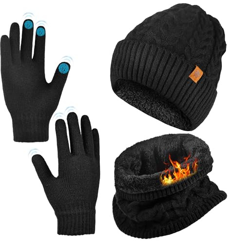 Chumix Winter Gorras Invierno con Bufanda y Suave Unisexo Beanie Encantador Invierno Guantes Táctiles Antideslizante 3 en 1, Ideal Para Cumpleaños o Año Nuevo azul marino, Negro, Allgemein