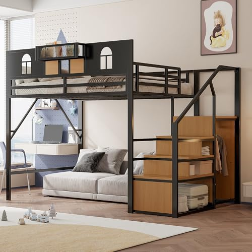 Idemon Cama alta de metal de 140 x 200 cm, con escalera de almacenamiento, ventanas, paneles de madera y tejido de malla, único vallas elevadas, estante en la cama, marco de metal estable (negro)