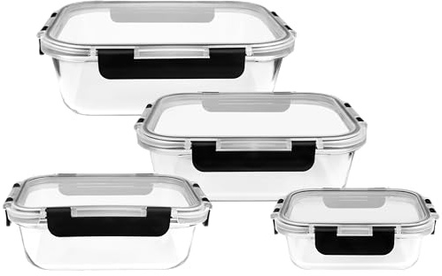 KUUKA Contenitori ermetici per alimenti in vetro con coperchi silicone – set 4 pezzi 370 ml + 640 ml + 1050 ml + 1520 ml, ideali per frigo freezer microonde forno e meal prep