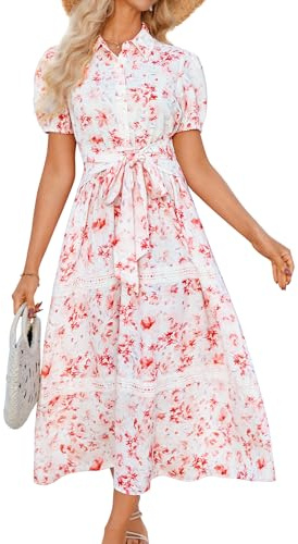 Grace Karin Dam sommar kortärmad blommig klänning, polokrage, A-linje, boho, semester, maxi, blusklänning med ficka, Rosa blommor, XL