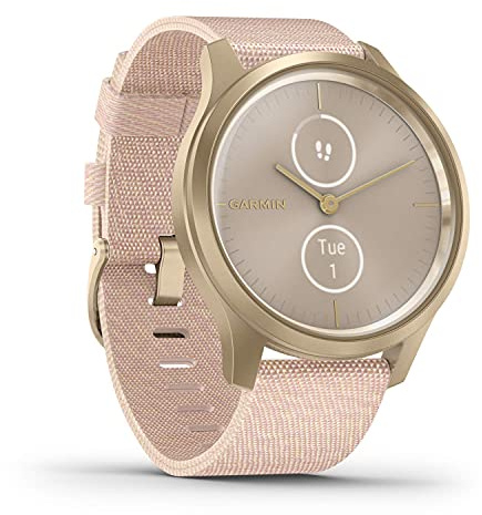 Garmin vivomove Style, Hybrid Smartwatch with Real Watch Hands and Hidden Color Touchscreen Displays, Gold with Pink Woven Nylon Band (Renewed)