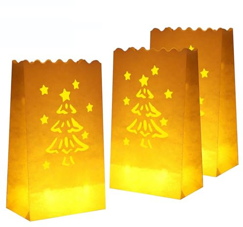 Stmarry 50 PCS White Christmas Luminary Bags, Flame Resistant Candle Bags, Christmas Tree Design Luminaries for Party Decorations