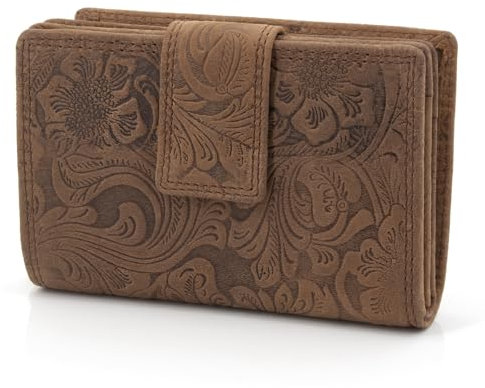 ekavale Damen Geldbörse aus Leder mit RFID-Schutz, Geldbeutel für Moderne Frauen Blüten Muster (Dunkel-Braun)