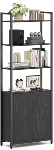 VASAGLE Bücherregal, 6 Ebenen, Regal, Standregal mit Türen, Metallrahmen, verstellbaren Ablagen, 24 x 60 x 159,5 cm, für Wohnzimmer, Schlafzimmer, ebenholzschwarz-tintenschwarz LLS133B01
