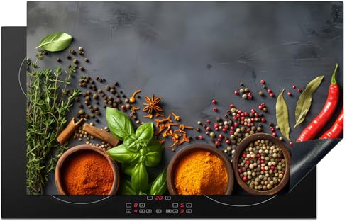 KitchenYeah© Protege Plaque Tapis Pour Induction 83x51 cm Kitchen Decoration Cuisine Protection Vitrocéramique Pour Cuisiniere Herbes - Béton - Épices - Poivre