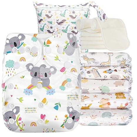 Kolo Set med 6 återanvändbara blöjor + 6 tvättbara tygblöjor inlägg bambu blöjväska för resor, unisex justerbara tygblöjor, återanvändbara blöjor för spädbarn. Enda: Oeko-Tex Standard 100
