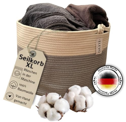 ELEVO Aufbewahrungskorb Groß, 50x33cm, Wäschekorb, Aufbewahrungsbox, Spielzeugkiste, Wäschesammler, Treppenkorb, Seilkorb, Papierkorb, Korb für Decken, Übertopf für Pflanzen (Größe L)