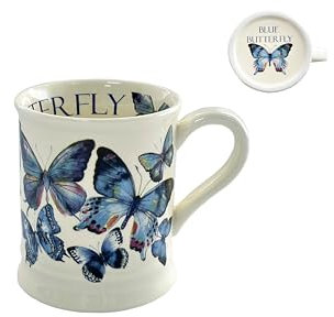LINDACA 12oz Butterfly Ceramic Coffee Mug Milk Cup Latte Mug/ 340ML Office Daily Tea Cup with Handle(Cream White, Blue)