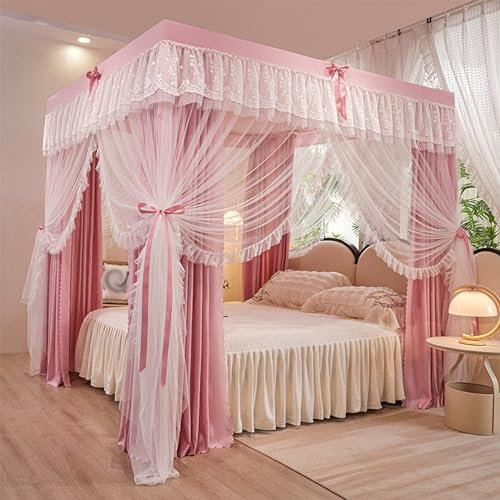 Himmelsäng Gardiner, Sänggardiner Elegant Style Princess 4 Hörnstolpsäng Enfärgad Säng Himmelsäng Gardin Dubbellagers Gardin for full/queen/king size-säng, integritetsskydd(Light pink,Queen)