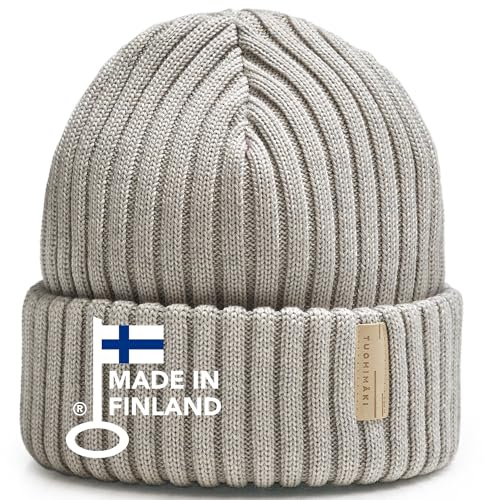 Merino Beanie Damen & Herren - 100% Extra fine Merinowolle - Made in Finnland - Grau, One Size - Perfekt für kalte Tage, Winter Hat Women - Weiche, atmungsaktive Merino Strickmütze - Wollmütze Damen