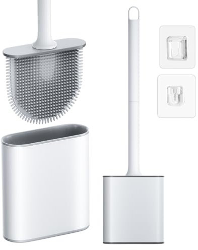 NEUTYPECHIC Scopino WC, Scopino WC in silicone e supporti per pulizia a profondità, anti-goccia, antibatterico, spazzolina WC ventilata, scopa WC montaggio a parete/pavimento, bagno e WC, bianco