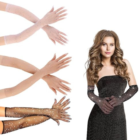 Laralily Netzhandschuhe Schwarz 2 Paar Handschuhe mit Strasssteinen Damen Long Fishnet Gloves mit Funkelnden Geeignet für Karnevals- Und Tanzaccessoires (Schwarze und Weiße Hautfarbe)
