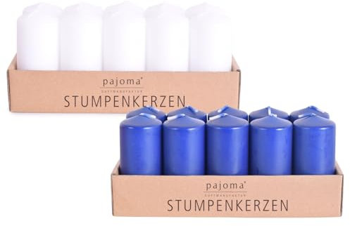 pajoma® Stumpenkerzen 20 Stück, Weiß - Blau | Ø 4 x 9 cm | Brenndauer: ca. 9 Stunden | Hochwertiges Paraffin & Baumwolldocht | ideal für Gastronomie, Hotels, Kirchen & Feierlichkeiten
