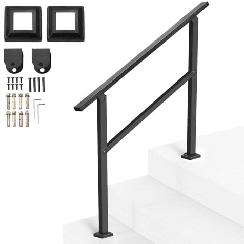 VEVOR Outdoor Handrails for Steps, 2-3 Step Stair Rail Kit, Black Square Tube with Horizontal Bar, Carbon Steel Support Rails for Seniors, Concrete & Deck Stairs, Easy Installation
