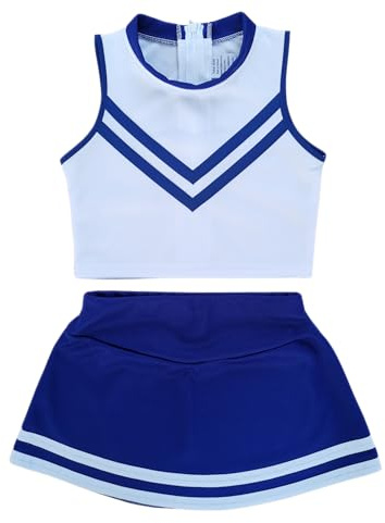 Total 2550 Girls' Kids Children Dress Cheerleader Costume Uniform Cheerleading Outfit Halloween V-Stripes (Blue/White, L / 8-10)