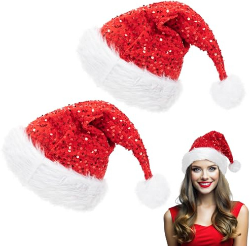 2PCS Sequin Santa Hat, Santa Hats for Adults, Xmas Hats Adult for Women Men