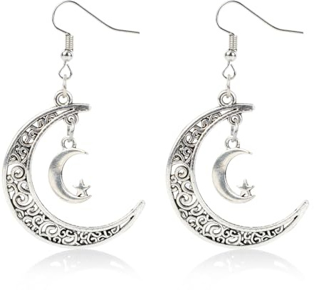 Moon and Star Earrings, Silver Vintage Drop Dangle Earrings Trendy Crescent Hook Earring Boho Statement Jewelry for Women Gifts
