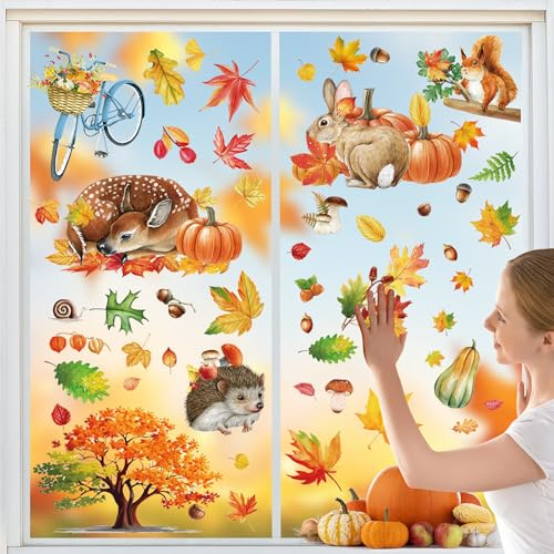 Npcswxq 9Sheets 84pcs Thanksgiving Window Clings, Double Sided Pumpkin Maple Leaves Autumn Window Stickers for Harvest Thanksgiving Day Home Office Party Indoor Outdoor Glass Fall Decorations