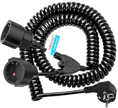 10 m max förlängningskabel, spiralkabel, skyddande kontaktkabel, töjbar, IP20-förlängningskabel med 2-vägs uttag, dubbel Schuko-kontakt, 3 x 1,0 mm² (230 V/16 A), svart