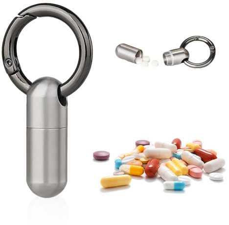1 mini porta pillole, piccolo portachiavi impermeabile, in metallo, con anello portachiavi, per campeggio e escursioni all'aria aperta (Argento)
