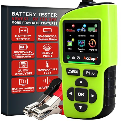 Acclope BT90 PRO CCA 30-3800 Testeur de Batterie,Compatibilité 6V/12V/24V, AGM/EFB/GEL/LiFePO4, 2–360Ah, Test Système Start-Stop et Démarrage, Impression Cloud, SOH/SOC/Tension/Rés, SAE/EN/IEC/CA/MCA