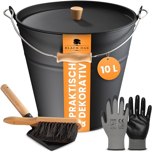 Black OACK Seau à cendres FUEGO 10 l, noir, avec couvercle avec poignée en bois, balayette, pelle et gants, en acier galvanisé à chaud et revêtu par pulvérisation, grand seau pour cendres, charbon