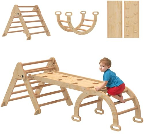 AIYAPLAY Struttura da Arrampicata per Bambini 7 in 1, Scala a Triangolo Pieghevole, Arco Montessori con Scivolo in Legno, Palestra Montessori per Bambini da 1.5 a 4 Anni, Parco Giochi per Interni