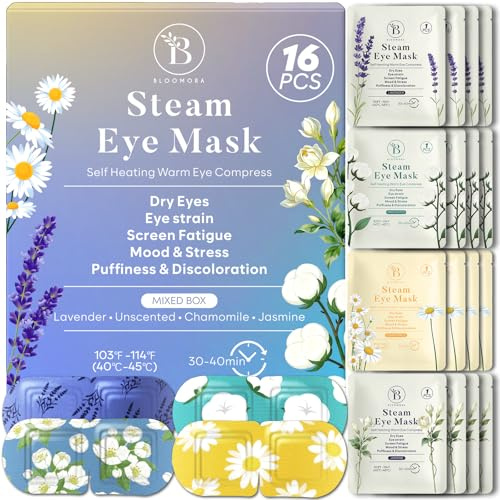 Confezione da 16 Maschere Riscaldanti Occhi Mix Lavanda Camomilla Gelsomino Senza Profumo, Maschere a Vapore per Occhi Secchi Gonfiore Affaticamento e Relax, Maschera Monouso per Sonno e Viaggio