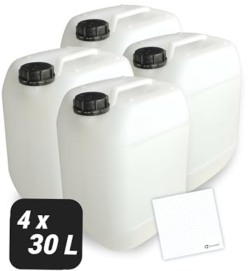 Trevendo 4er-Set Wasserkanister - Leerkanister - Kunststoffkanister (30 Liter, DIN 61, Ø49 mm) - lebensmittelecht & BPA-frei - inkl Beschriftungsetiketten