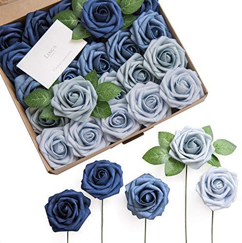 Ling's moment Artificial Flowers, 50Pcs 3 Roses in Dusty Blue Shades, Realistic DIY Foam Floral Decor for Wedding Bouquets/Centerpieces, Outdoor Party Backdrops, Room/Table, Garden/Pot Decorations