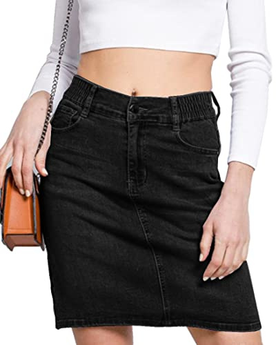 Van Der Rich ® - Gonna di Jeans al Ginocchio con Elastico in Vita - Donna (Nero, EU40)