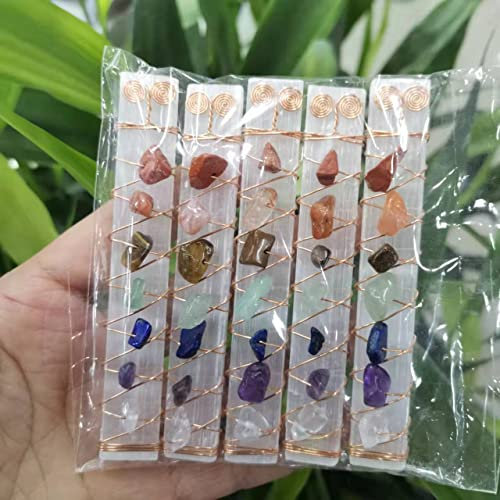 HXSCOO Varilla de Varita de selenita Natural, 5 uds., Alambre Envuelto, Barra Cuadrada Colorida de 7 Chakras, Piedras de meditación for Yoga