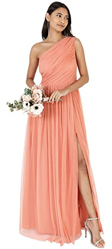 Anaya with Love Womens Ladies Maxi One Cold Shoulder Dress with Slit Split Sleeveless Prom Wedding Guest Bridesmaid Ball Evening Gown, Robe Femme, Coral Pink,
