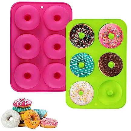 Anicy 2 Stück Silikon Donut Formen - 6 Hohlräume Silikon Donut Backform Antihaft Backblech für Kuchen, Kekse, Bagels, Muffins, Grün und Rosa
